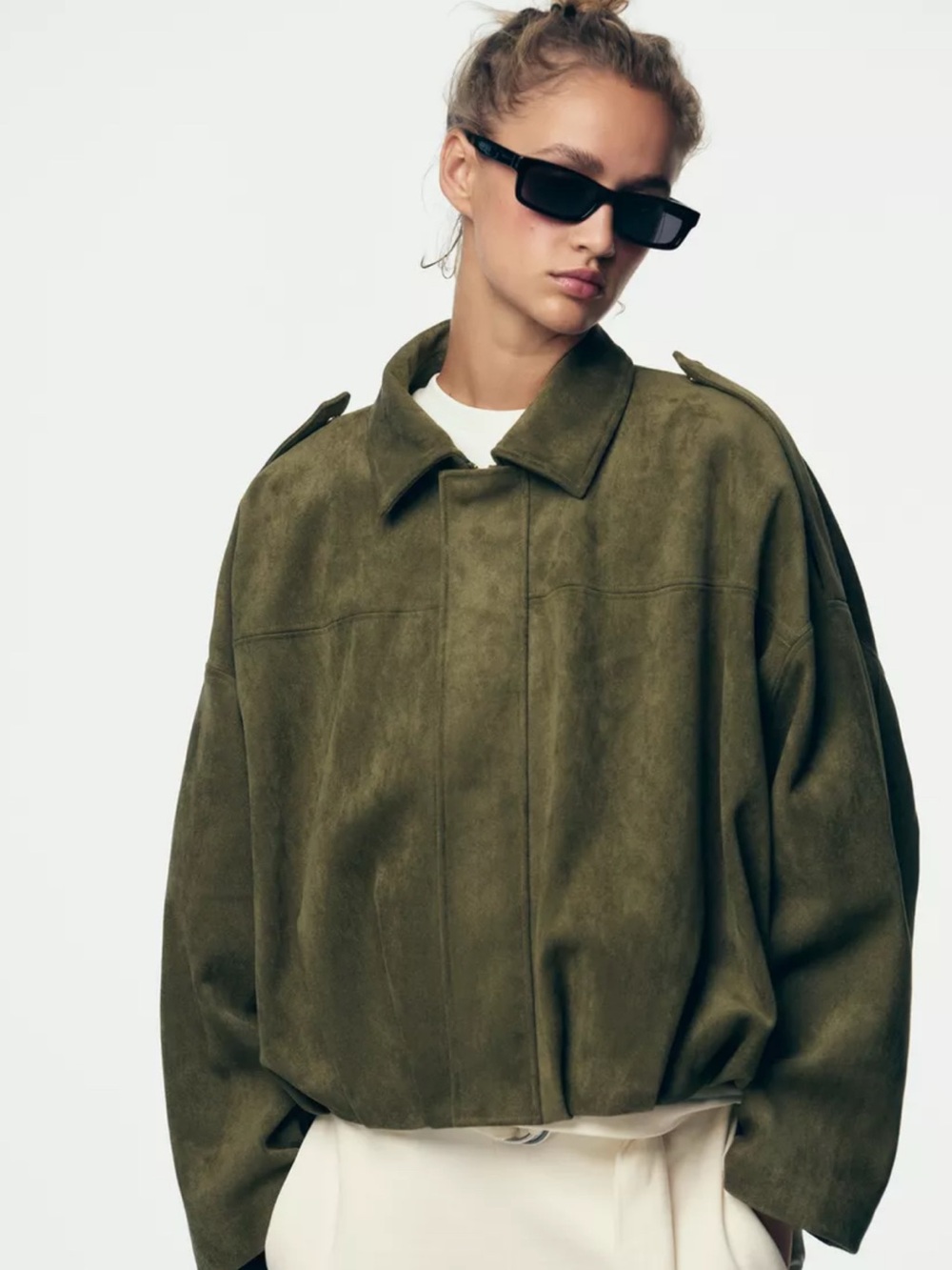 Viral Zara Suede Effect Bomber Jacket -Olive & Oversized
